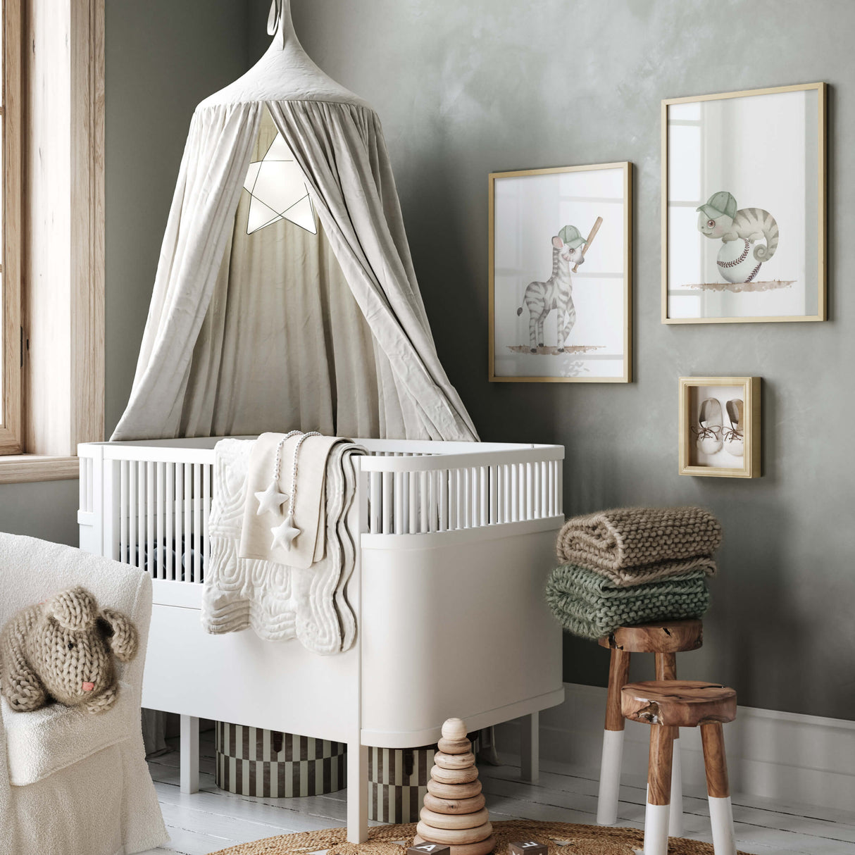 Watercolor baseball safari animal printable with zebra, chameleon for baby boys room decor, toddler room decor, gender neutral nursery decor.