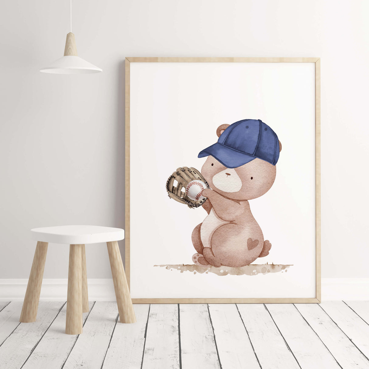 Watercolor baseball woodland animals print with bear in beige, brown and navy colors for toddler room decor and baby boys room decor.