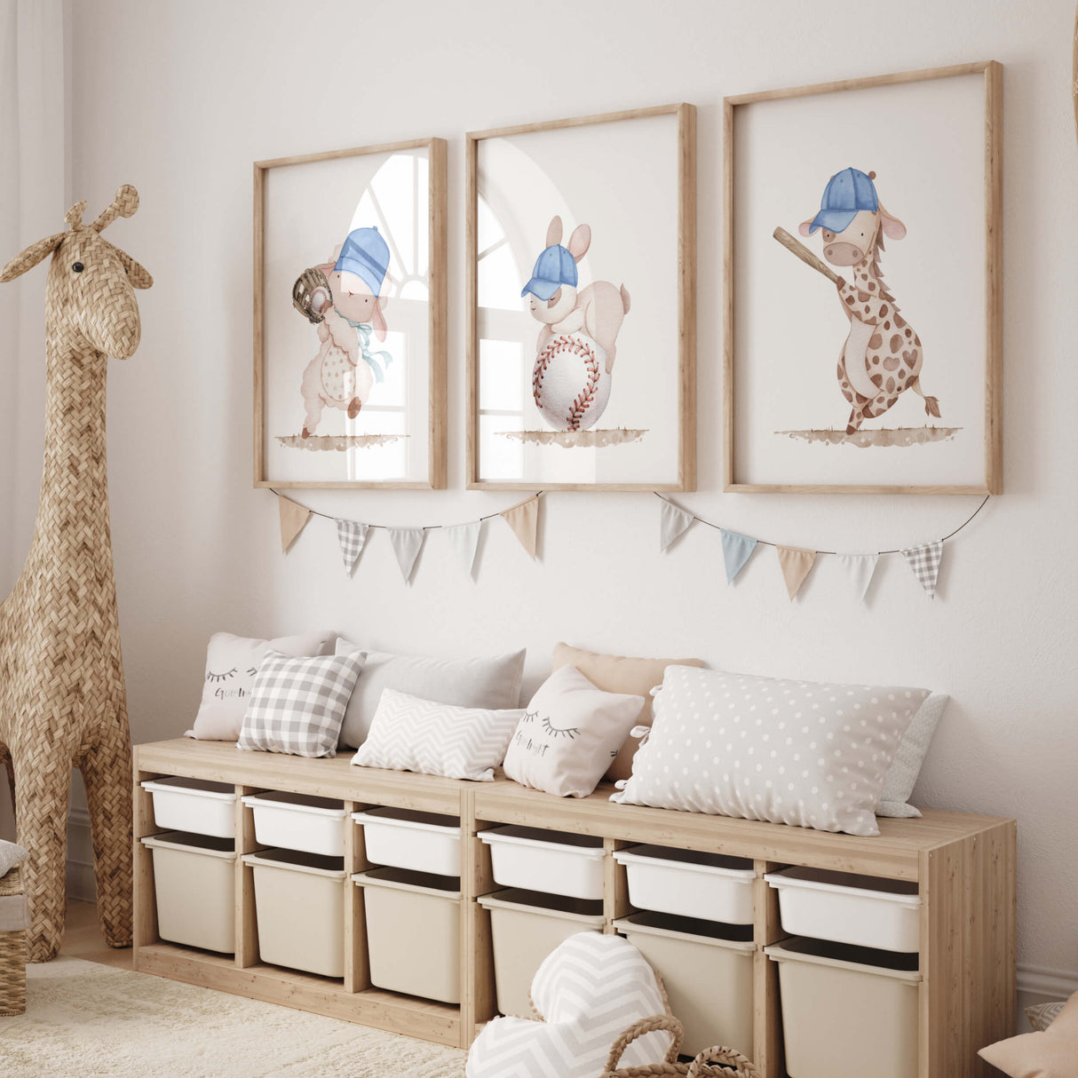 Watercolor baseball with woodland animals nursery print for baby boys room decor, toddler room decor, animals: bunny, sheep, giraffe.