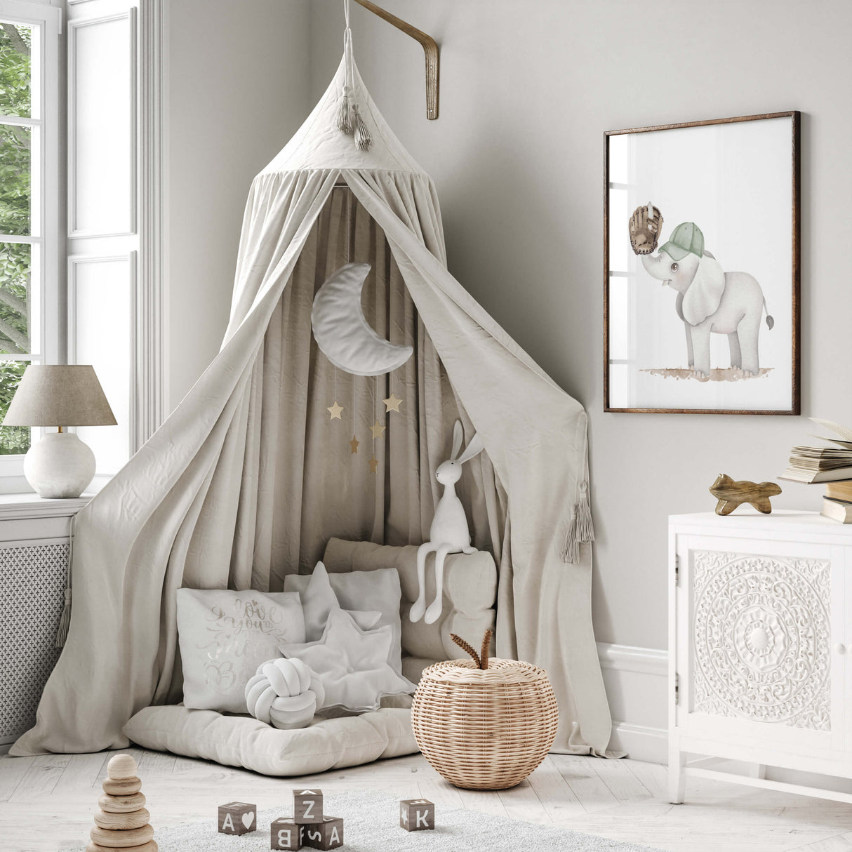 Watercolor baseball safari animal print with elephant for baby boys room decor, toddler room decor, gender neutral nursery decor.