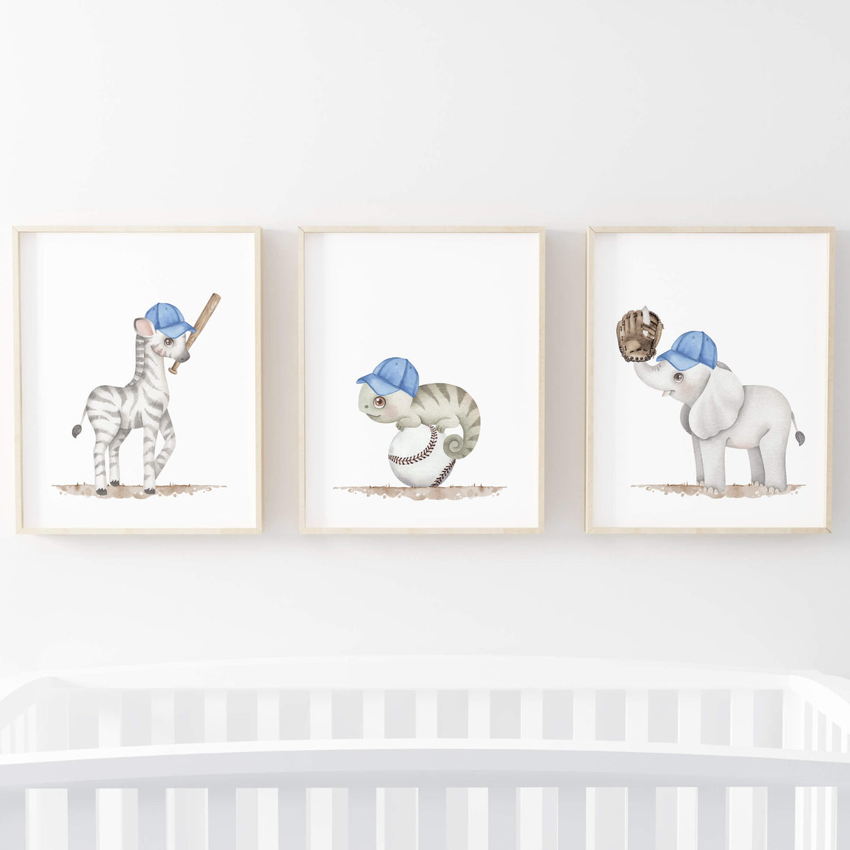 Watercolors baseball nursery print with zebra, elephant, chameleon for baby boys room decor, toddler room decor, blue nursery decor.