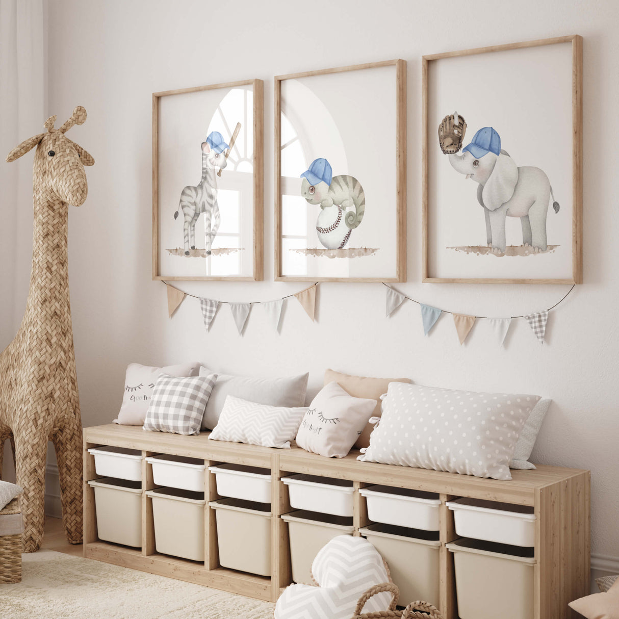 Watercolors baseball nursery printable with safari animals for baby boys room decor, toddler room decor, includes animals: zebra, elephant, chameleon.