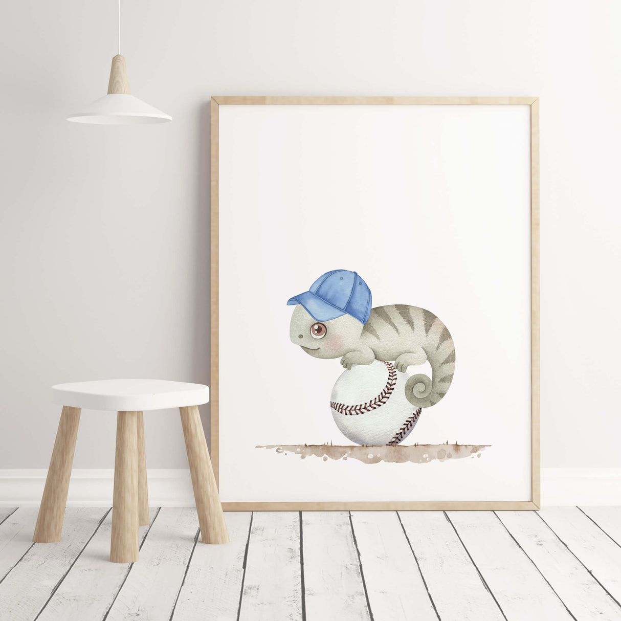 Watercolors baseball nursery print with chameleon for baby boys room decor, toddler room decor.