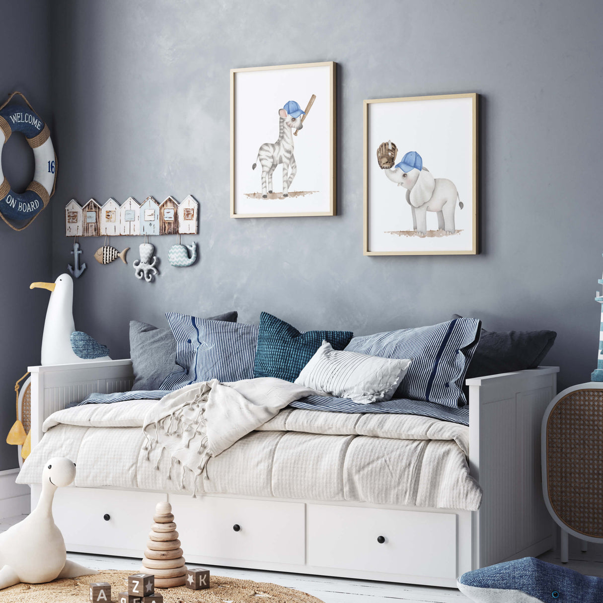 Watercolors baseball nursery print with zebra and elephant for baby boys room decor, toddler room decor, blue nursery decor.