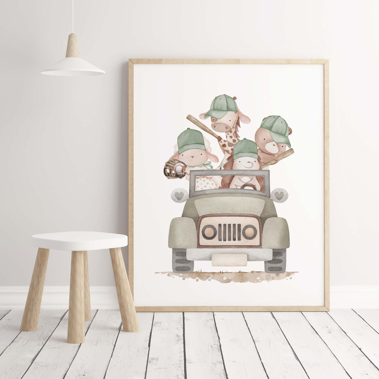 Watercolor baseball nursery printable with woodland animal and car in sage green, beige, brown colors for gender neutral nursery decor, boys room decor, toddler room decor and baseball nursery decor.