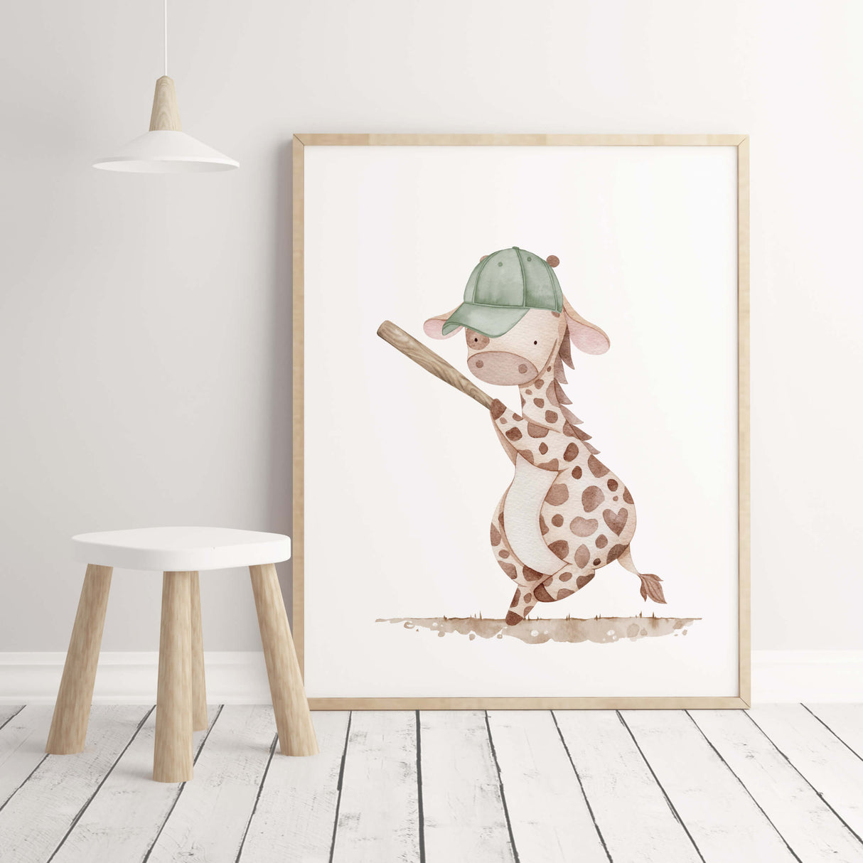 Watercolor baseball nursery printable with giraffe in sage green, beige, brown colors for gender neutral nursery decor, boys room decor, toddler room decor and baseball nursery decor.