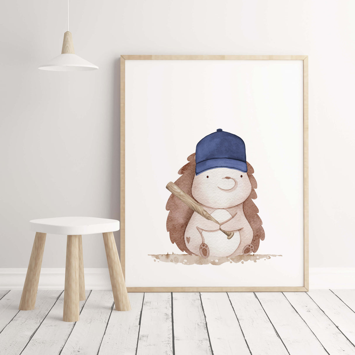 Watercolor baseball woodland animals print with hedgehog in beige, brown and navy colors for toddler room decor and baby boys room decor.