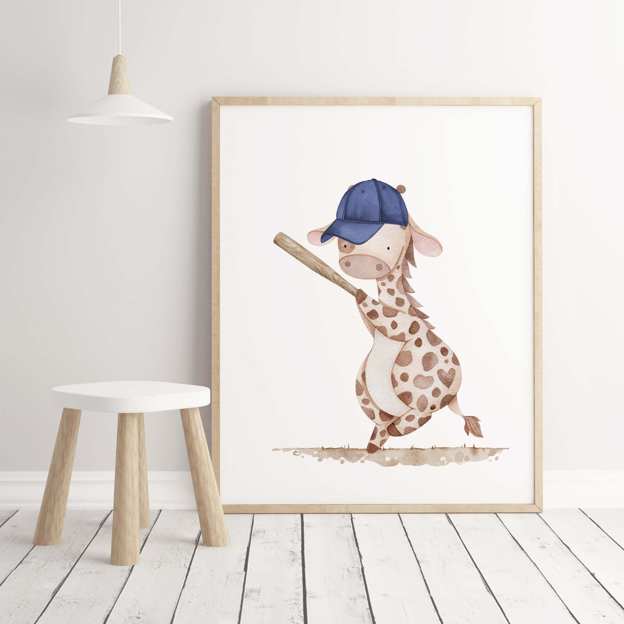 Watercolor baseball animals print with giraffe in beige, brown and navy colors for toddler room decor and baby boys room decor.