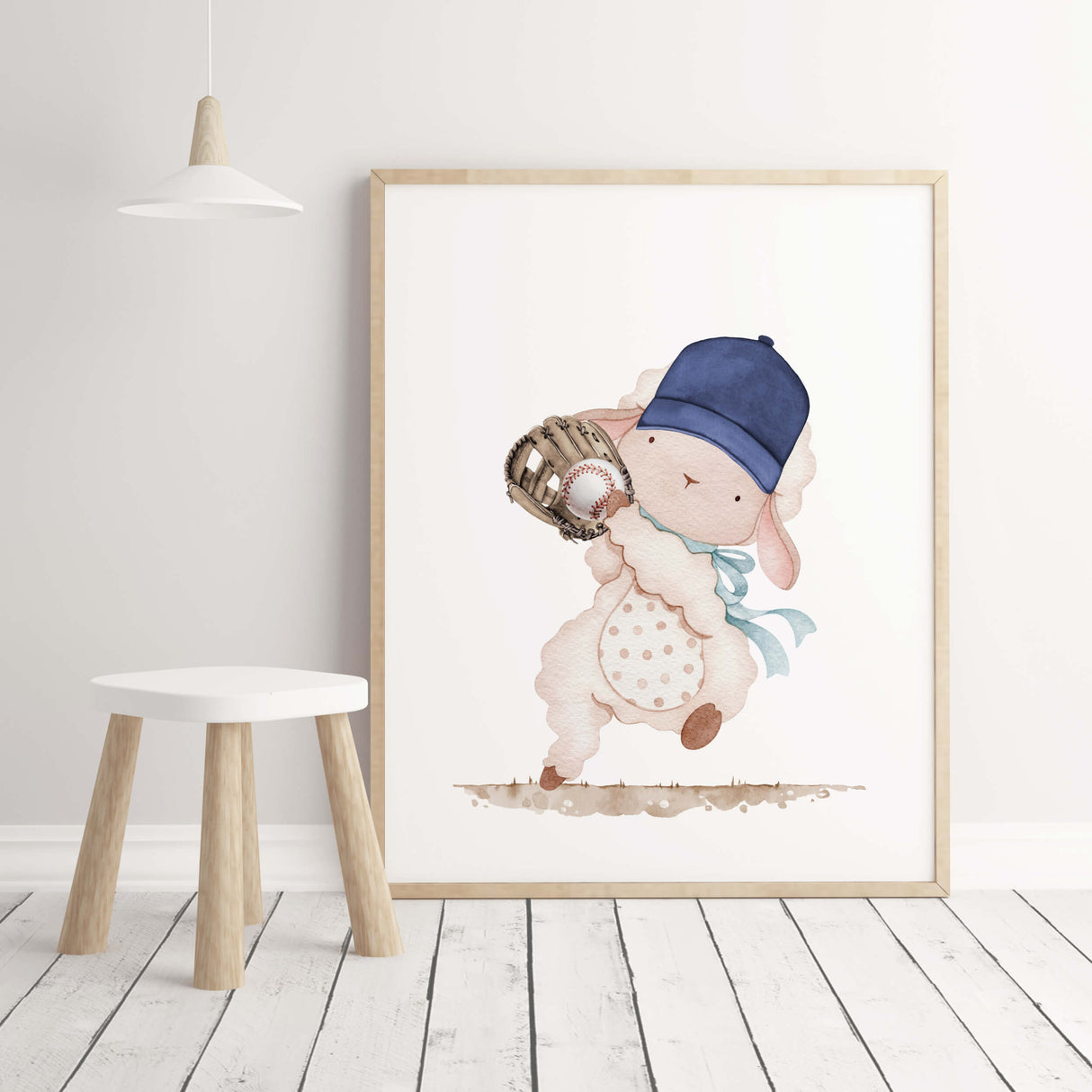 Watercolor baseball woodland animals print with sheep in beige, brown and navy colors for toddler room decor and baby boys room decor.