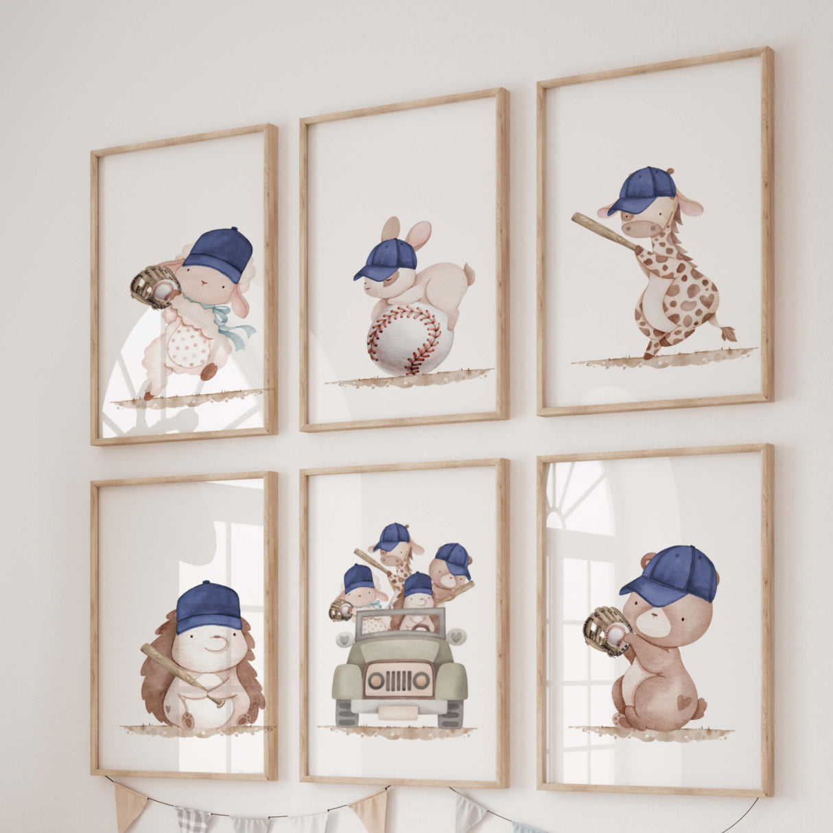 Watercolor baseball woodland animals print in beige, brown and navy colors for toddler room decor and baby boys room decor.