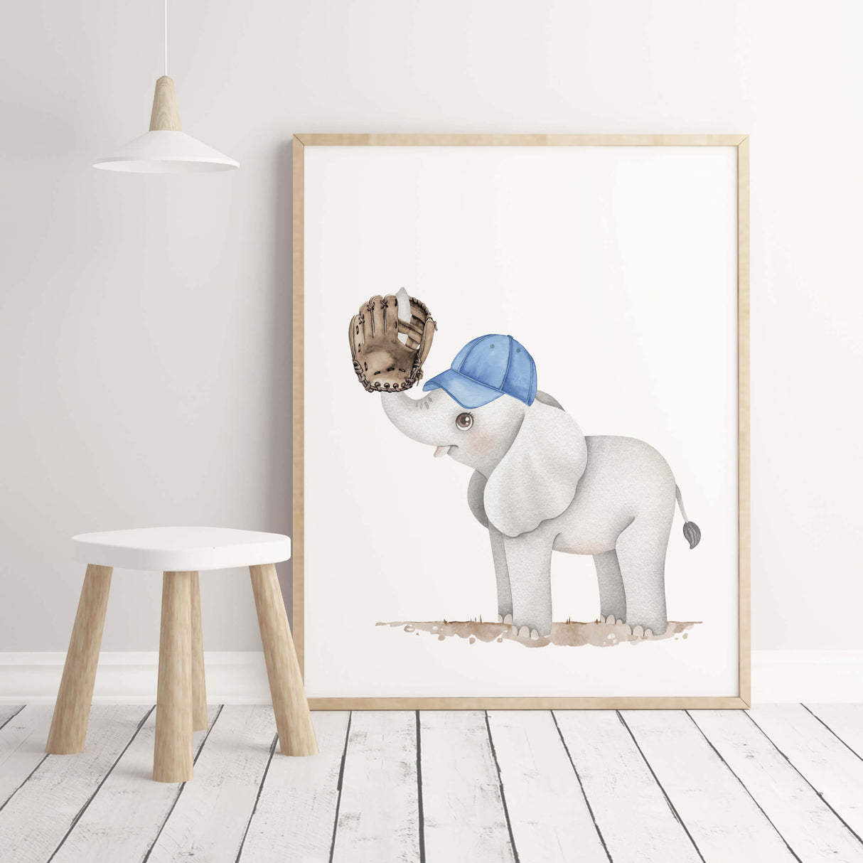 Watercolors baseball nursery print with elephant for baby boys room decor, toddler room decor, blue nursery decor.