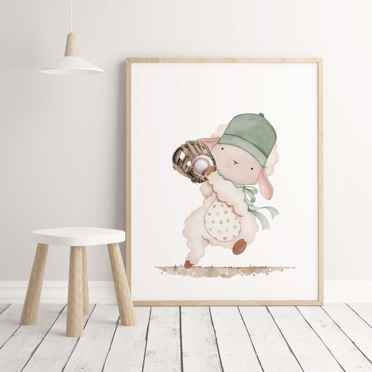 Watercolor baseball nursery printable with sheep in sage green, beige, brown colors for gender neutral nursery decor, boys room decor, toddler room decor and baseball nursery decor.