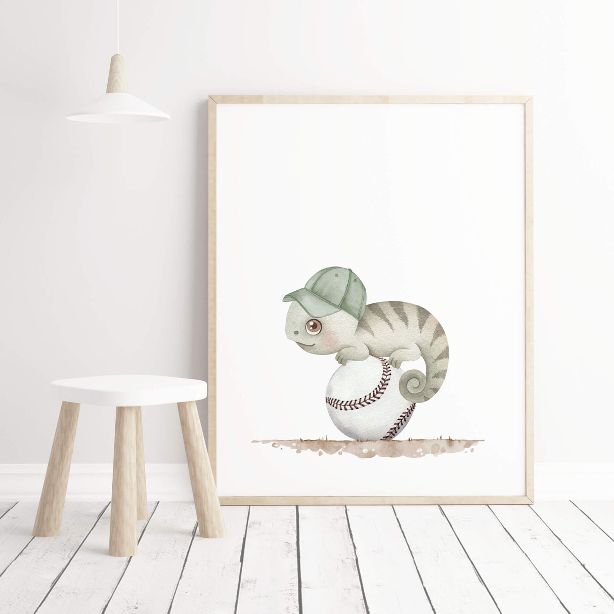 Watercolor baseball safari animal poster with chameleon for baby boys room decor, toddler room decor, gender neutral nursery decor.