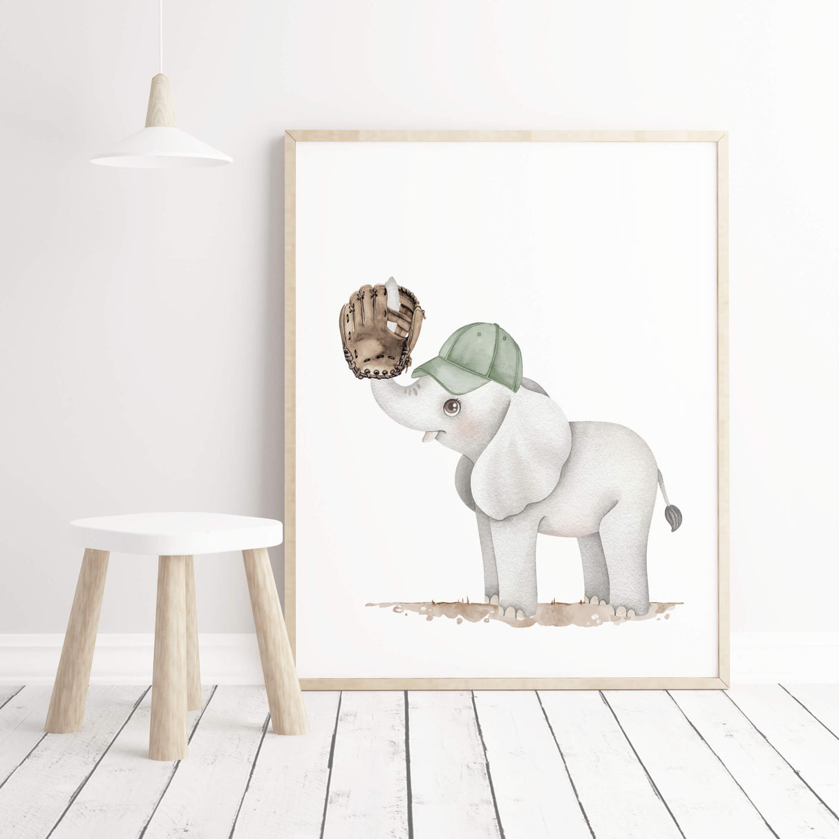 Watercolor baseball safari animal poster with elephant for baby boys room decor, toddler room decor, gender neutral nursery decor.