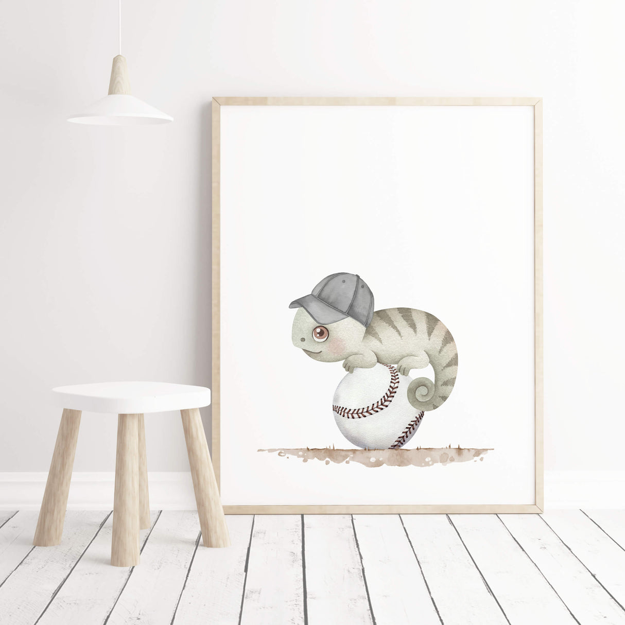 Watercolor baseball nursery print with chamaleon in gray, green colors for baby boys room and toddler room decor, kids room decor.