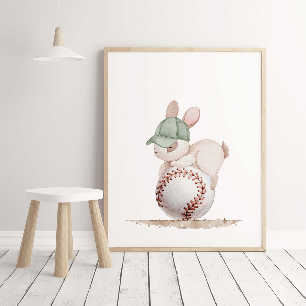 Watercolor baseball nursery print with bunny in sage green, beige, brown colors for gender neutral nursery decor, boys room decor, toddler room decor and baseball nursery decor.