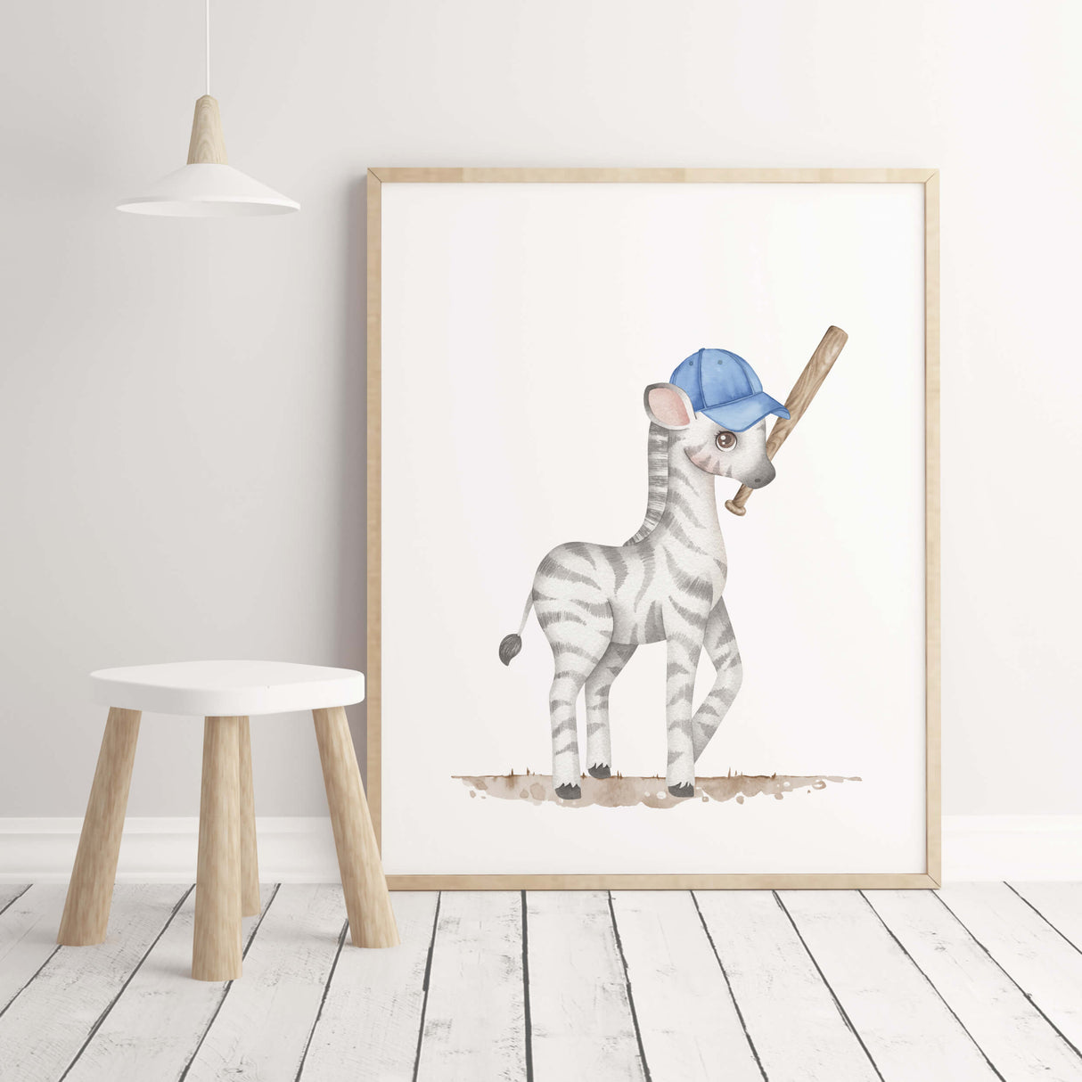 Watercolors baseball nursery print with zebra for baby boys room decor, toddler room decor, blue nursery decor.
