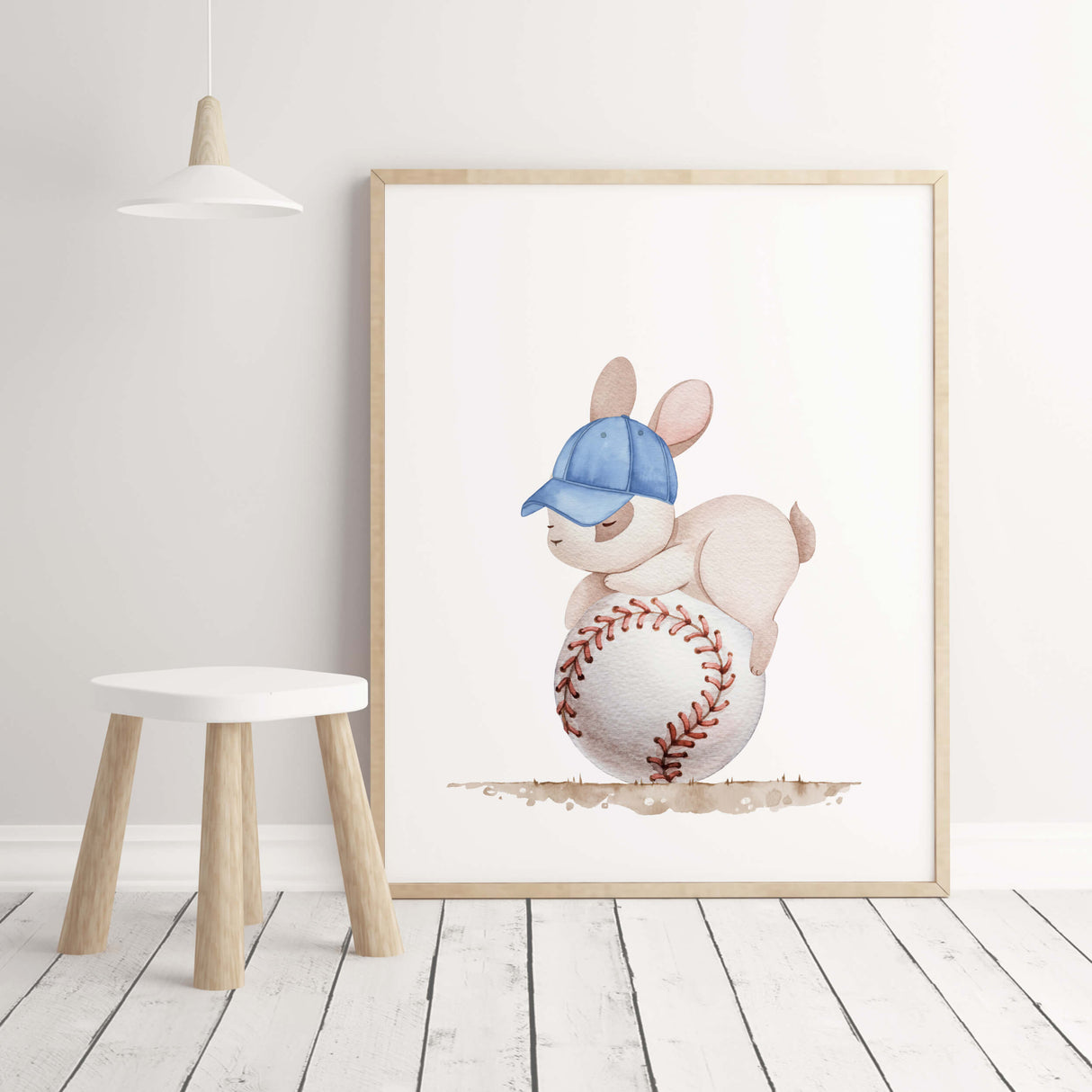 Watercolor baseball with woodland animals (bunny) nursery print for baby boys room decor, toddler room decor.