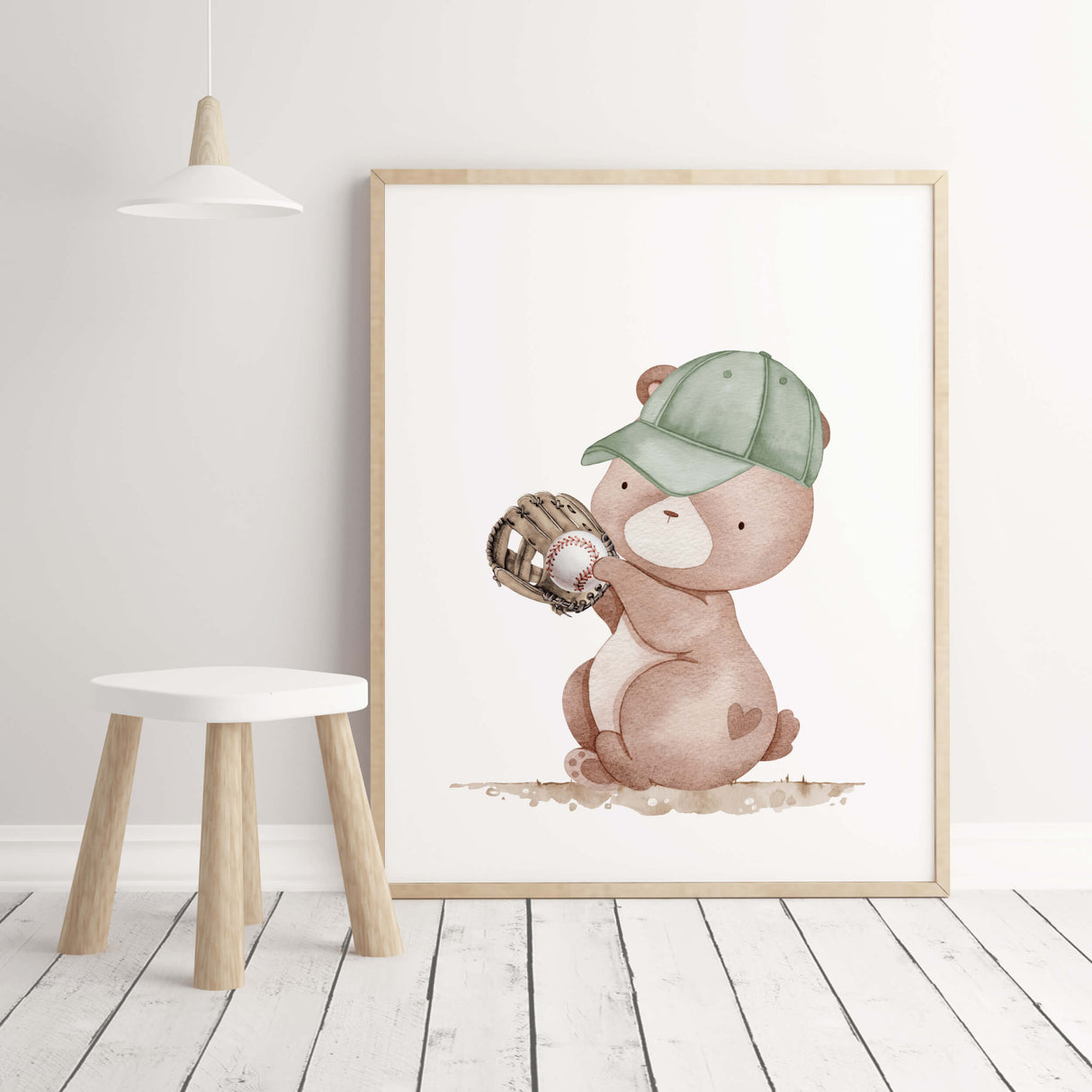 Watercolor baseball nursery print with bear in sage green, beige, brown colors for gender neutral nursery decor, boys room decor, toddler room decor and baseball nursery decor.