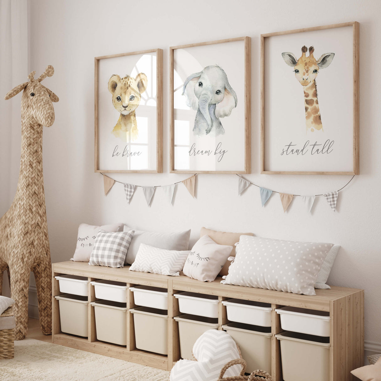 Set of 3 watercolor safari print with inspirational quote for gender neutral nursery decor, boho nursery decor, includes: lion - be brave, Elephant - dream big, Giraffe - stand tall,