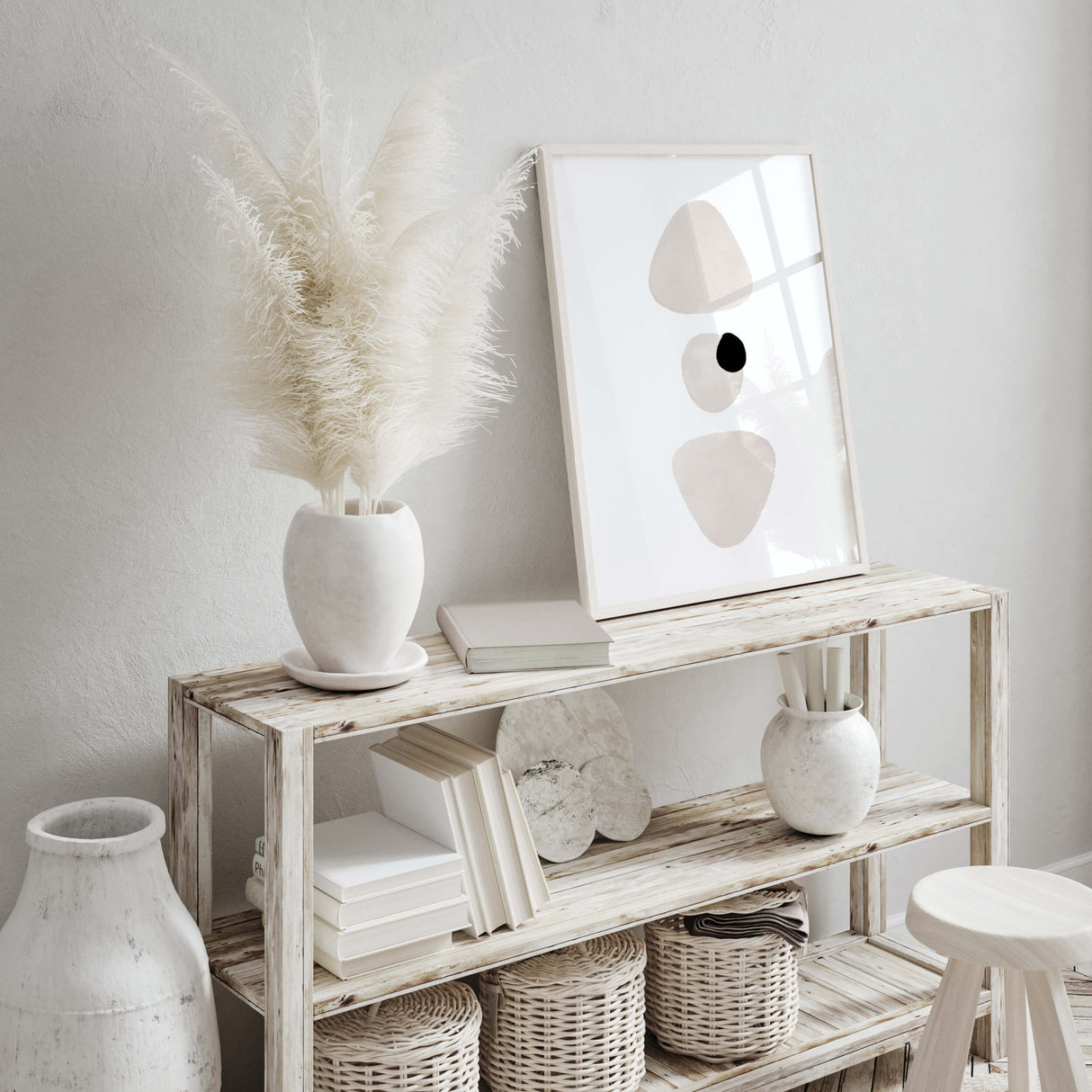 Watercolor abstract print in stone white, beige and black colors for neutral home decor, minimalist home decor, abstract home decor, white home decor, beige home decor, wabi sabi home decor.