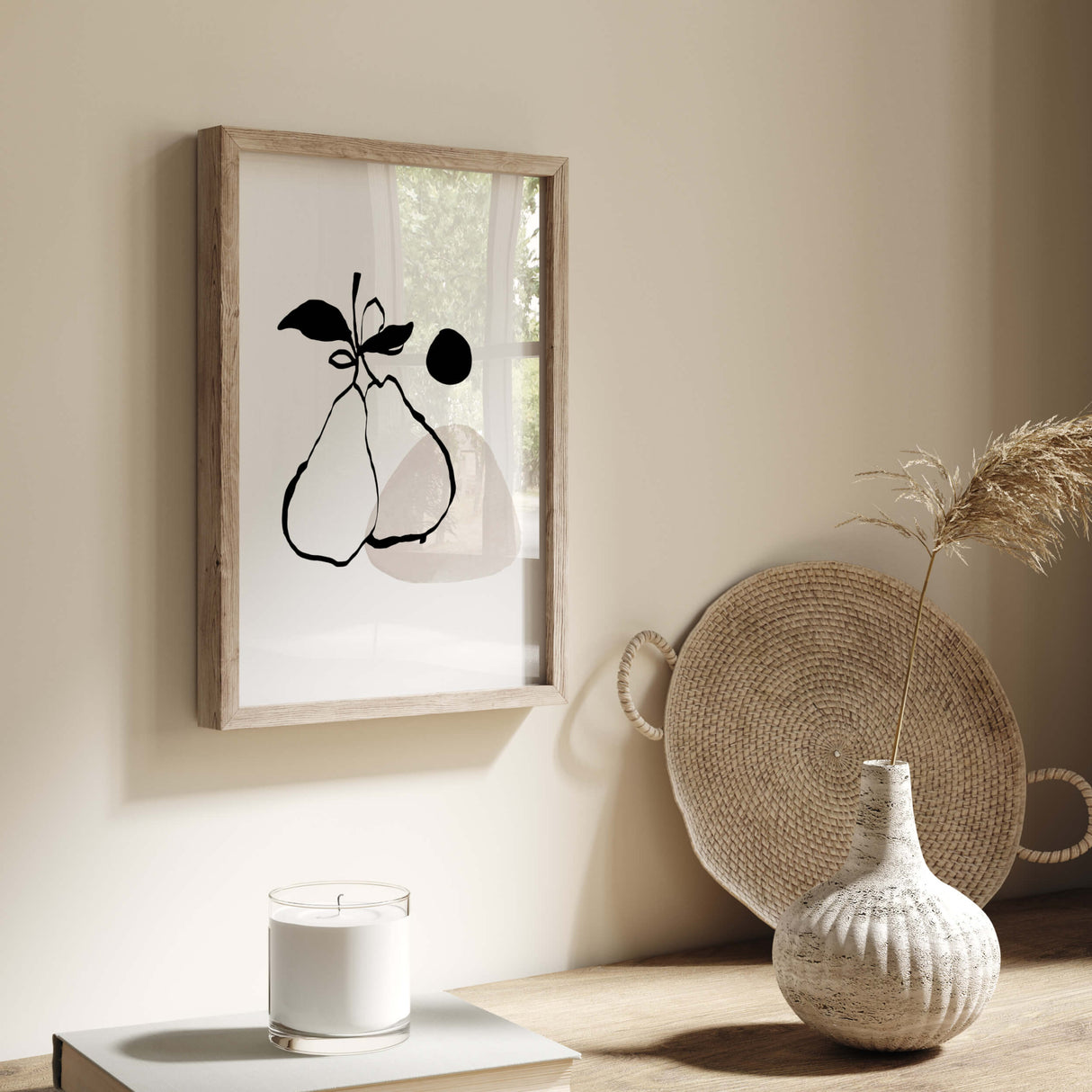 Watercolor abstract print with pear in stone white, beige and black colors for neutral home decor, minimalist home decor, abstract home decor, white home decor, beige home decor, wabi sabi home decor.