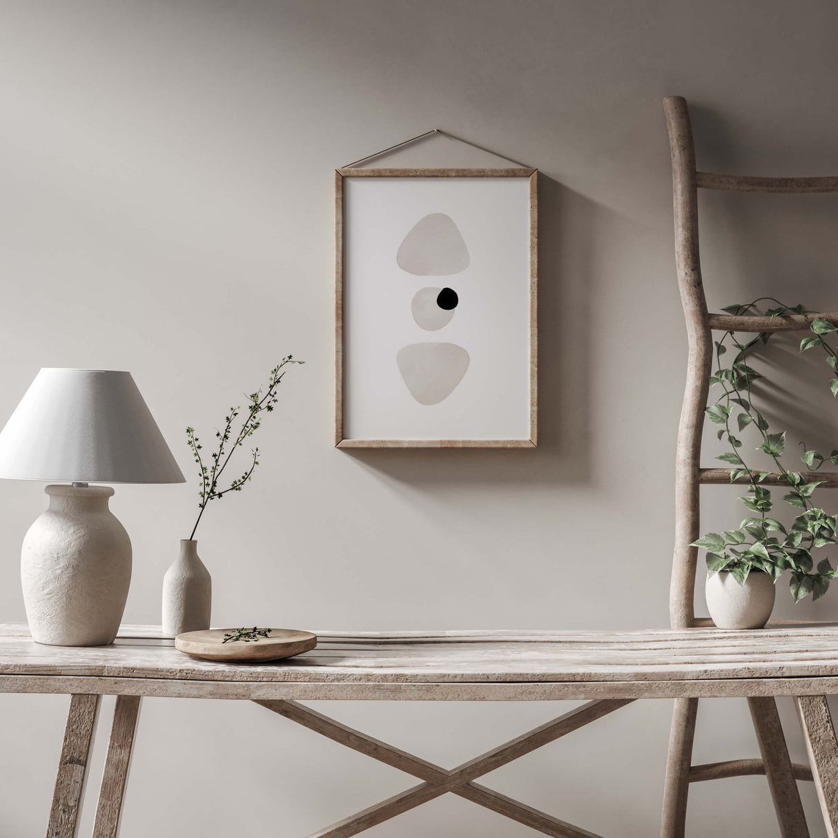 Watercolor abstract print in stone white, beige and black colors for neutral home decor, minimalist home decor, abstract home decor, white home decor, beige home decor, wabi sabi home decor, boho home decor.