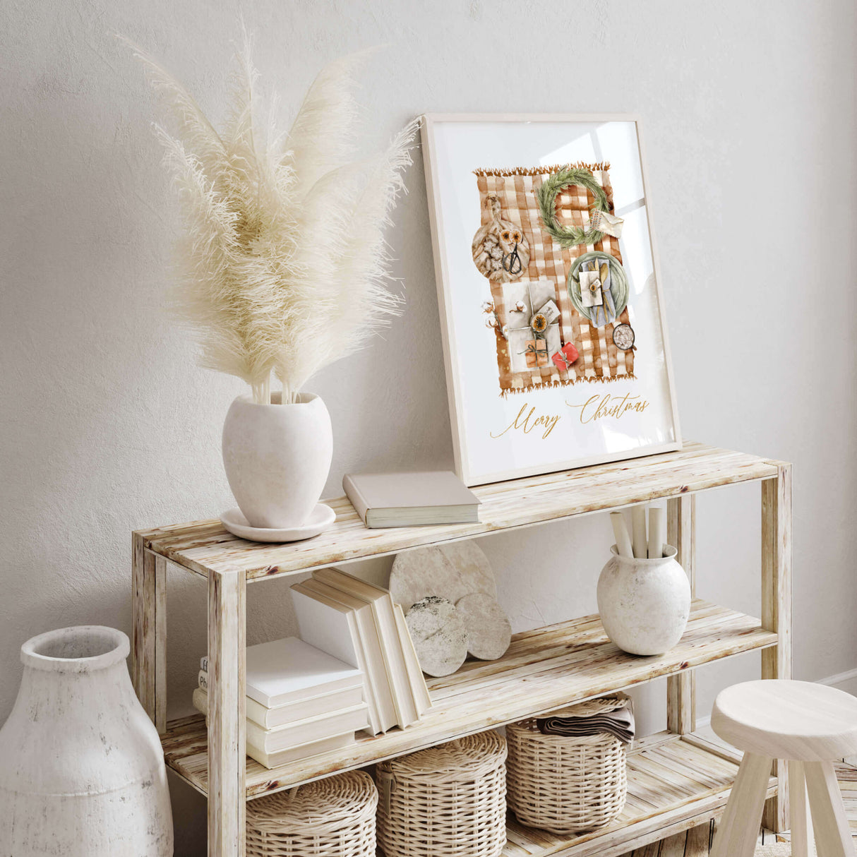 Neutral Christmas print featuring gifts and wreath for Scandinavian decor.