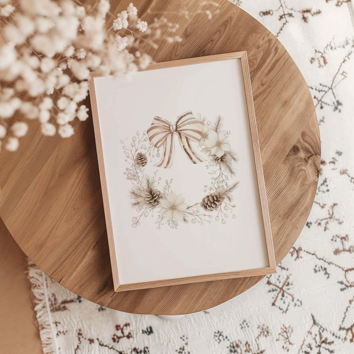 Neutral watercolor Christmas wreath wall print for cozy winter decor.