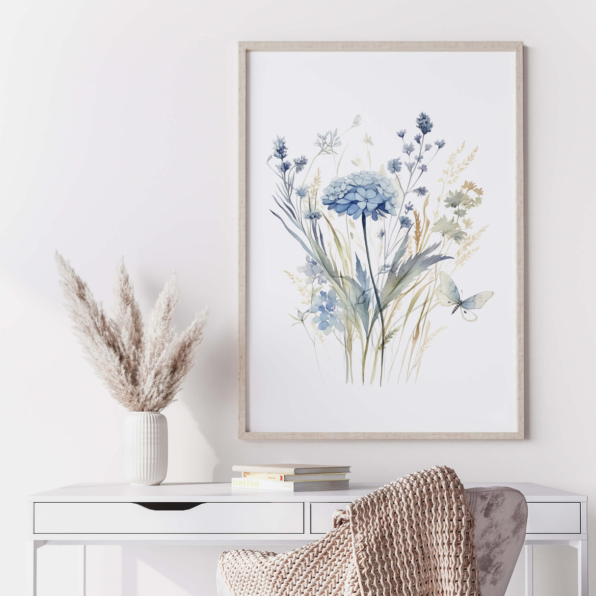 Watercolor blue wildflower poster for blue wall art.