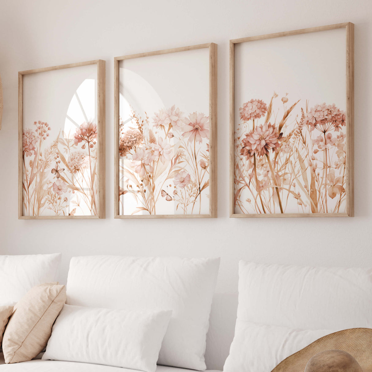 Set of 3 watercolor wildlfower poster in peach, orange, burgundy, pink colors for spring and autumn home decor.