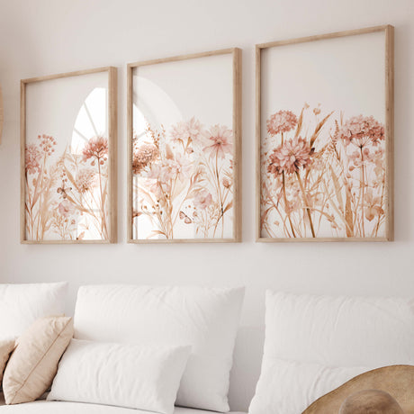 Set of 3 watercolor wildlfower poster in peach, orange, burgundy, pink colors for spring and autumn home decor.