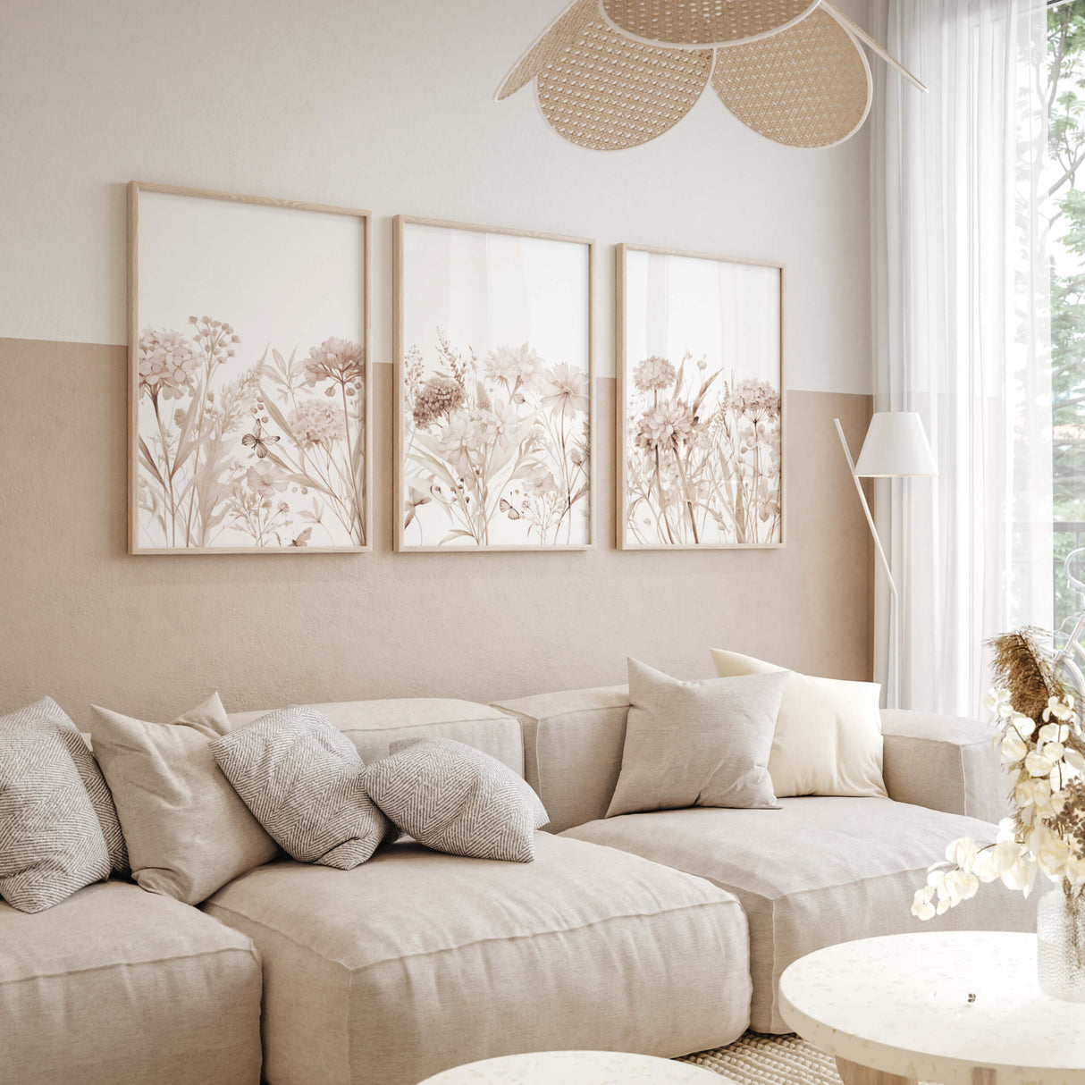 Set of 3 watercolor beige wildflower poster for boho neutral home decor.