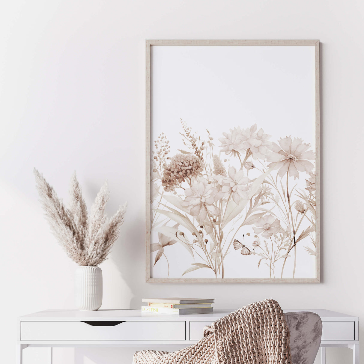 Set of 3 watercolor beige flower print for boho neutral home decor.