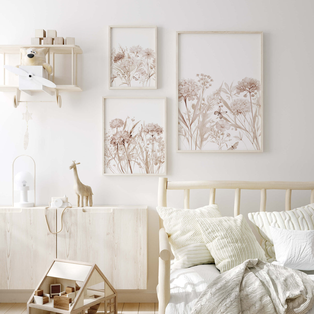 Set of 3 watercolor beige wild flower print for boho neutral nursery decor.