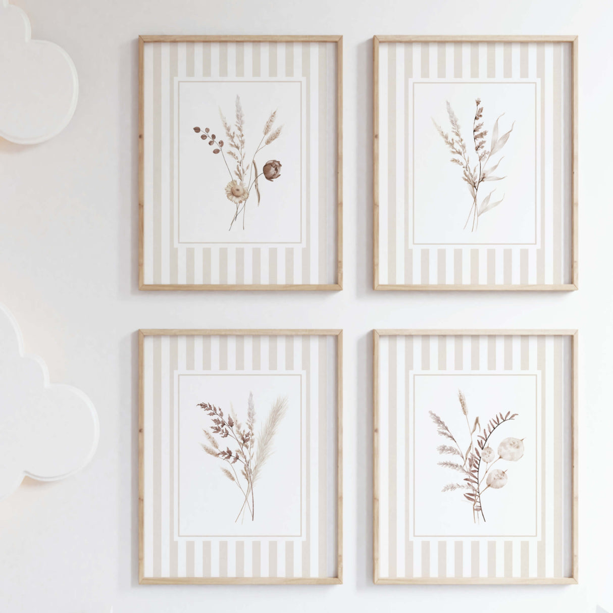Set of 4 beige dried flower printables with striped background for nursery