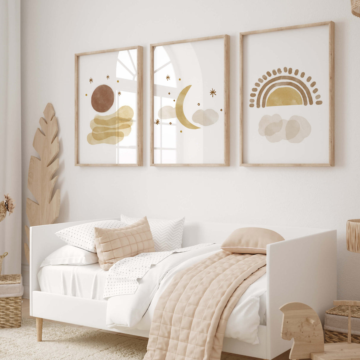 Watercolor boho printable with moon, sun, rainbow, spaceship, stars in brown and beige colors for gender neutral nursery decor, boho nursery decor, baby boys room decor, baby girls room decor.