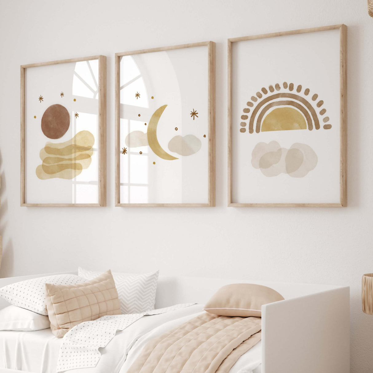 Watercolor boho printable with moon, sun, rainbow, spaceship, stars in brown and beige colors for gender neutral nursery decor, boho nursery decor, baby boys room decor, baby girls room decor.