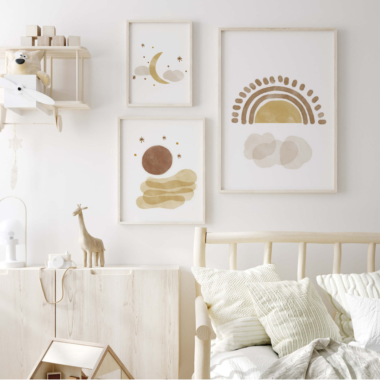 Watercolor boho print with moon, sun, rainbow, spaceship, stars in brown and beige colors for gender neutral nursery decor, boho nursery decor, baby boys room decor, baby girls room decor.