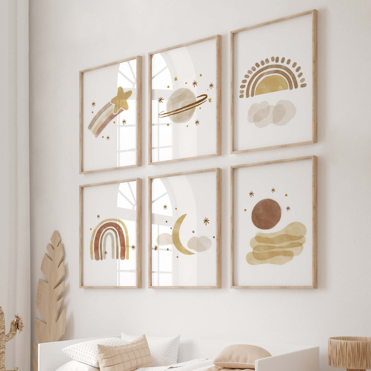 Watercolor boho poster with moon, sun, rainbow, spaceship, stars in brown and beige colors for gender neutral nursery decor, boho nursery decor, baby boys room decor, baby girls room decor.