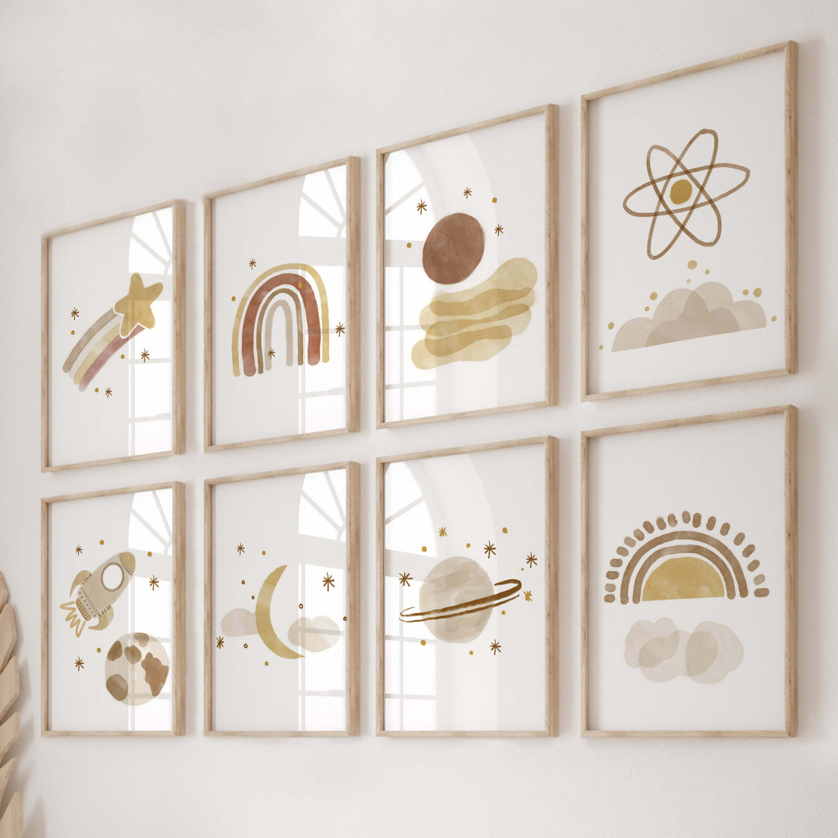 Watercolor boho print with moon, sun, rainbow, spaceship, stars in brown and beige colors for gender neutral nursery decor, boho nursery decor, baby boys room decor, baby girls room decor.
