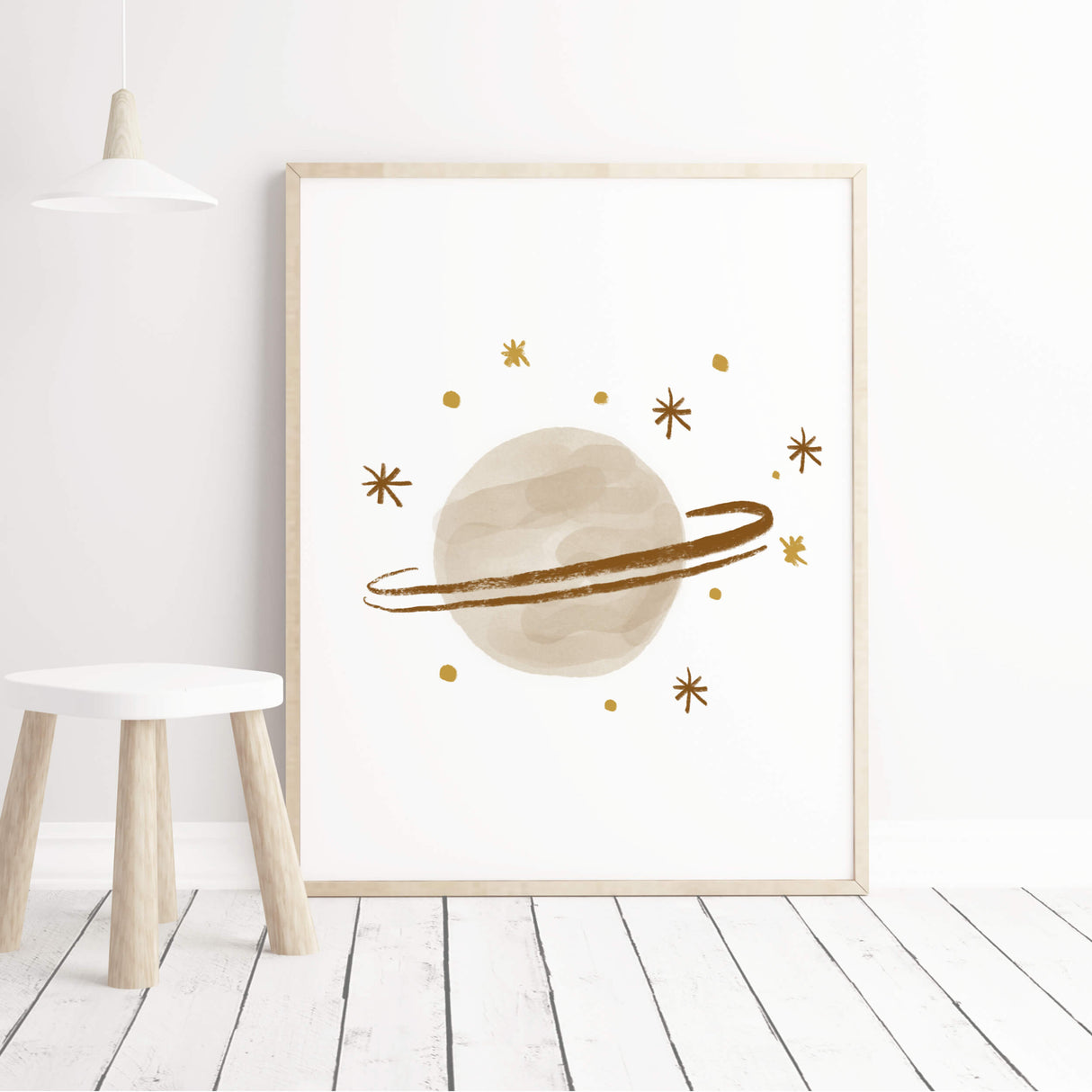 Watercolor boho printable with moon, sun, rainbow, spaceship, stars in brown and beige colors for gender neutral nursery decor, boho nursery decor, baby boys room decor, baby girls room decor.