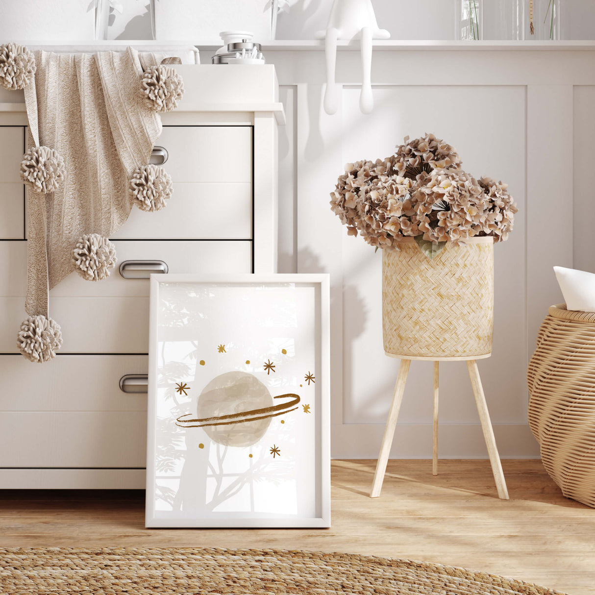 Watercolor boho print with moon, sun, rainbow, spaceship, stars in brown and beige colors for gender neutral nursery decor, boho nursery decor, baby boys room decor, baby girls room decor.