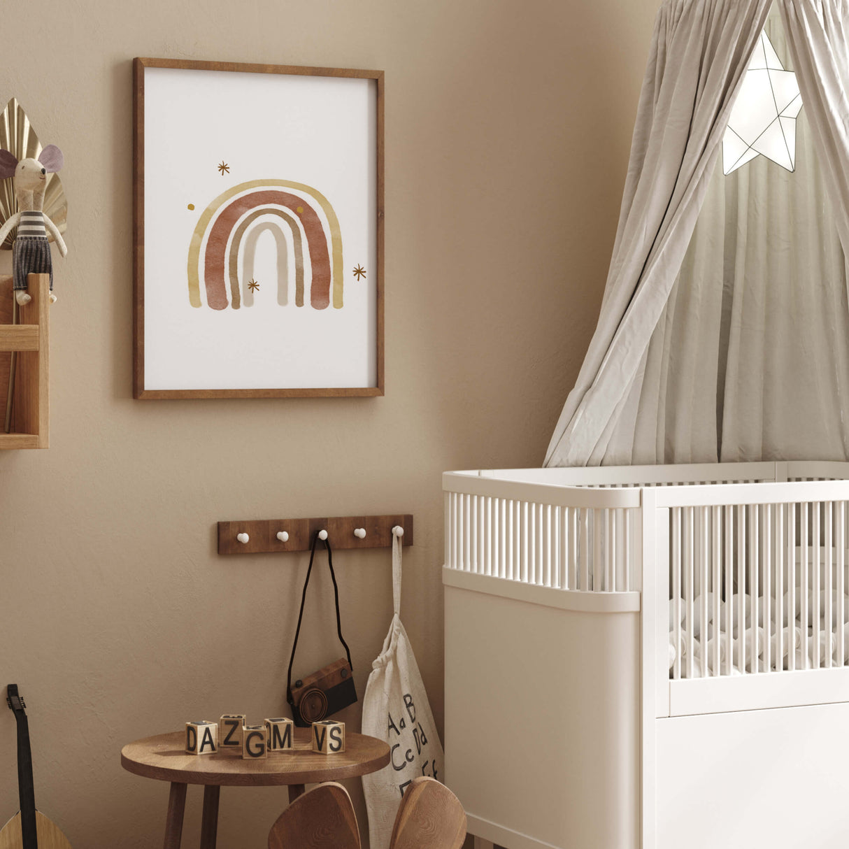 Watercolor boho printable with moon, sun, rainbow, spaceship, sunrise, stars in brown and beige colors for gender neutral nursery decor, boho nursery decor, baby boys room decor, baby girls room decor.