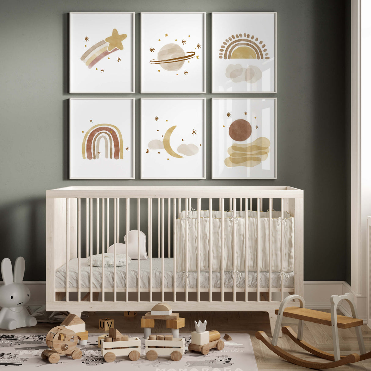 Watercolor boho poster with moon, sun, rainbow, spaceship, stars in brown and beige colors for gender neutral nursery decor, boho nursery decor, baby boys room decor, baby girls room decor.