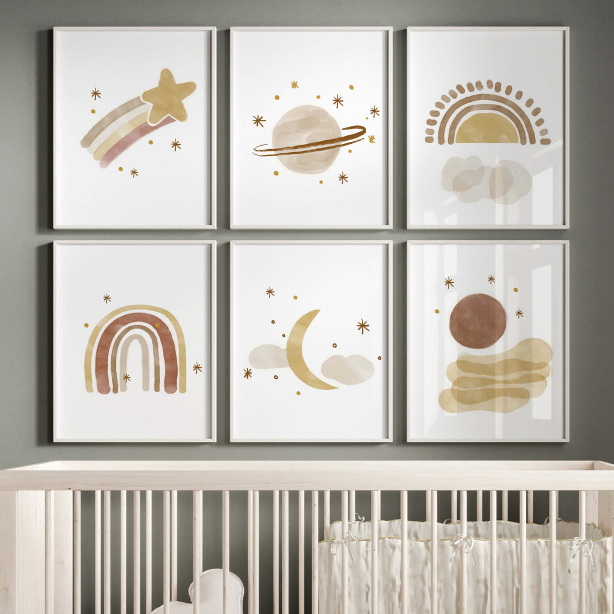 Watercolor boho poster with moon, sun, rainbow, spaceship, stars in brown and beige colors for gender neutral nursery decor, boho nursery decor, baby boys room decor, baby girls room decor, sage green nursery decor.