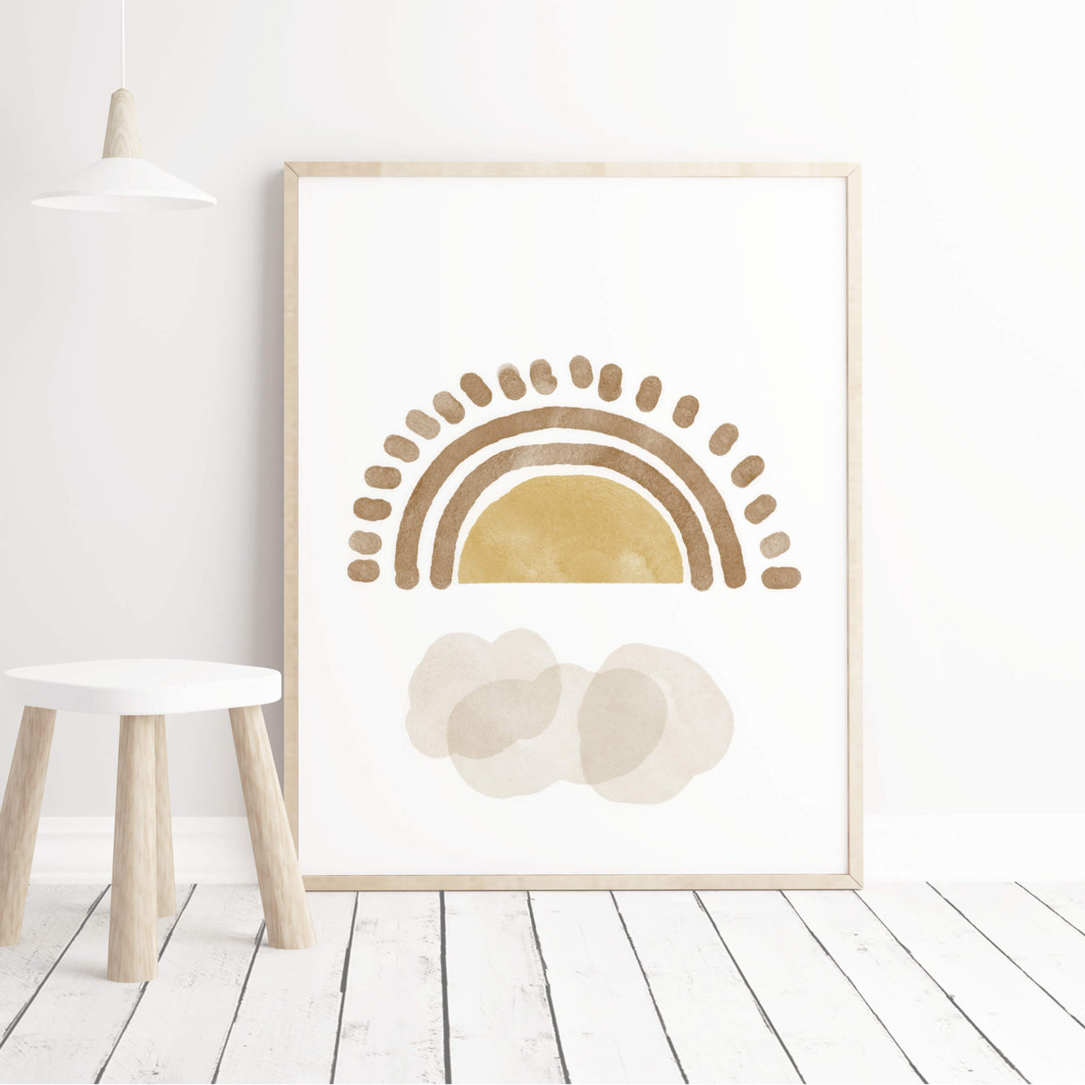 Watercolor boho printable with moon, sun, rainbow, spaceship, stars in brown and beige colors for gender neutral nursery decor, boho nursery decor, baby boys room decor, baby girls room decor.
