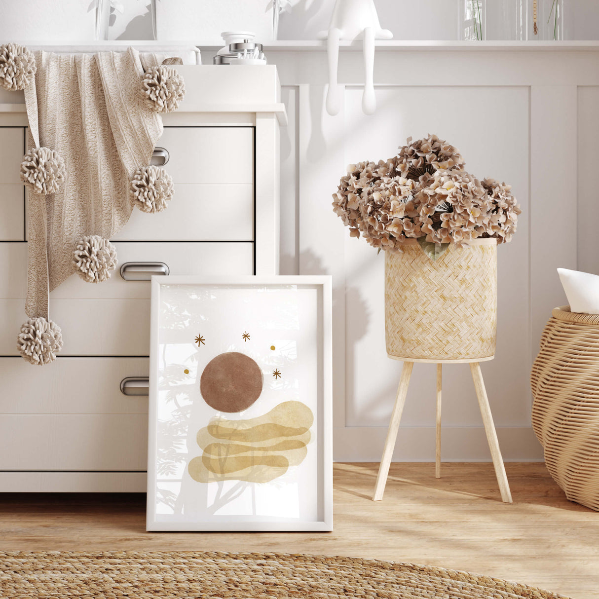 Watercolor boho printable with moon, sun, rainbow, spaceship, stars in brown and beige colors for gender neutral nursery decor, boho nursery decor, baby boys room decor, baby girls room decor.