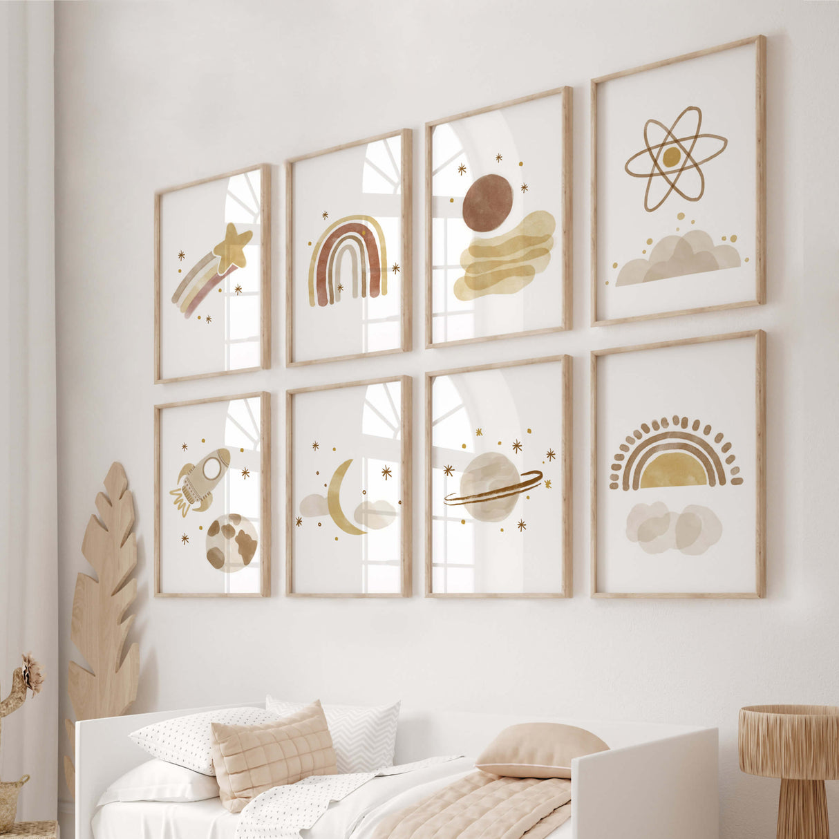 Watercolor boho printable with moon, sun, rainbow, spaceship, stars in brown and beige colors for gender neutral nursery decor, boho nursery decor, baby boys room decor, baby girls room decor.