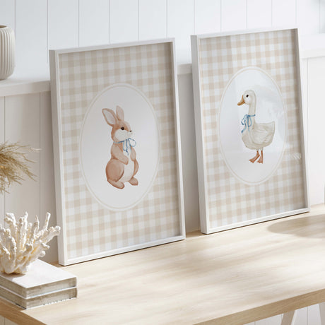 Charming set of three nursery wall art printables with watercolor baby animals and a subtle gingham design.